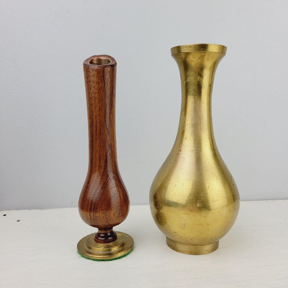 Mid-Century Vintage Brass and Wood Vases